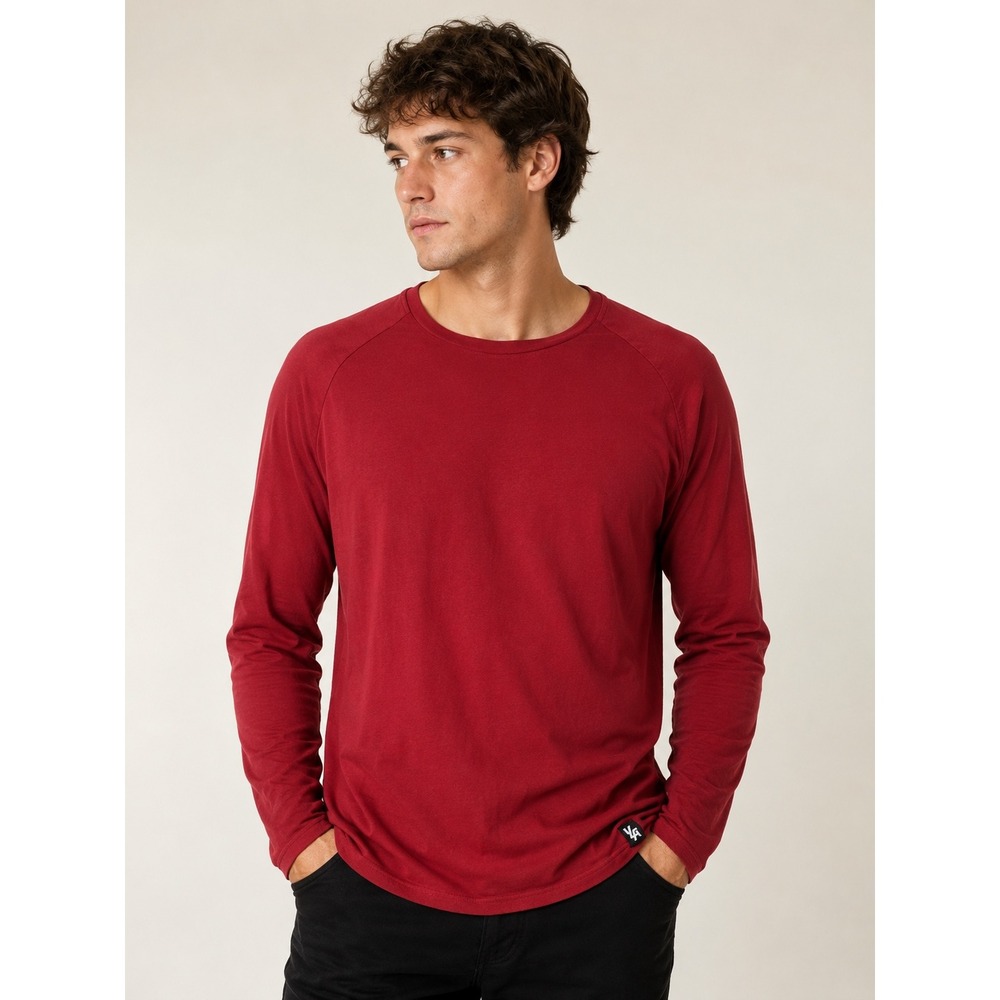 YoungLA Mens Chapter 4 Raglan Long Sleeve T-Shirt Burgundy Red Large Scallop Hem